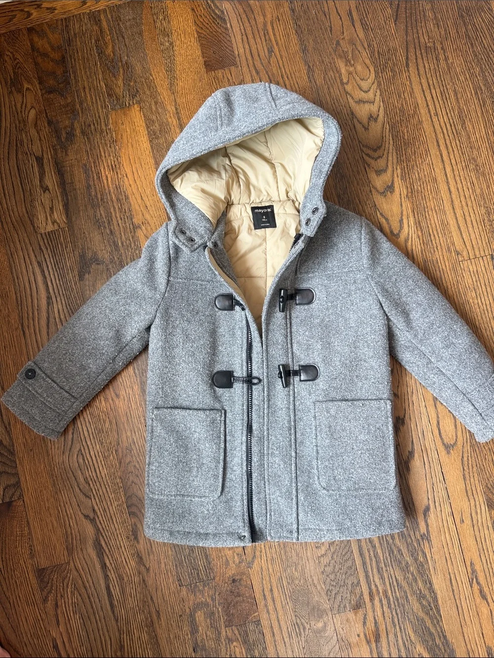 Mayoral Boys Grey Hooded Toggle Pea Coat with Insulates Tan Lining